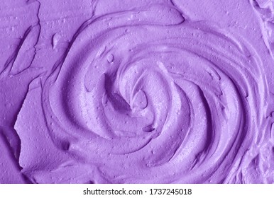 Purple facial cream (alginate face mask, body wrap, hair conditioner) texture close up, selective focus. Lavender abstract background with circle brush strokes. 