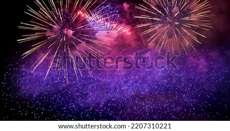 Purple Firework celebrate anniversary happy new year 2023, 4th of july holiday festival. Purple firework in night time celebrate national holiday. Violet firework Countdown to new year 2023 festival