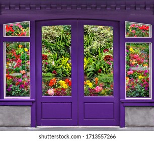 Purple Flower Shop Window And Door With Colorful Flowers, Canada