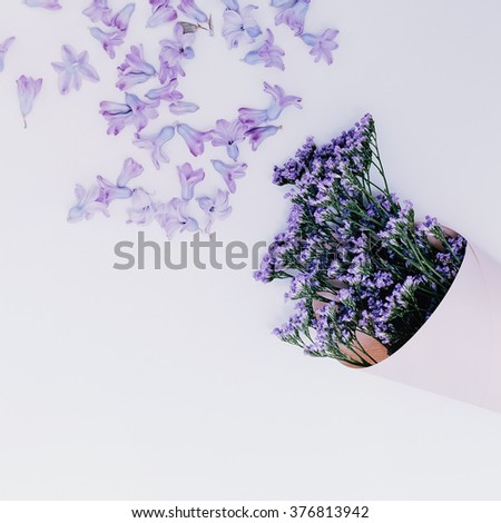 Purple Flowers on white background. Aroma of Spring. Minimalism style