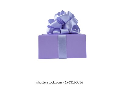 Purple Gift Box With Satin Ribbon Bow Side View Isolated On White. Spring Holidays Present.
