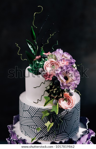 Purple Happy Birthday Cake Beautiful Flowers Stock Photo Edit Now