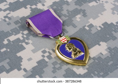 Purple Heart  award on camouflage uniform