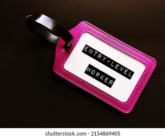 Purple ID card holder on black background with text Entry-level worker - refers to starting jobs require little or no professional experience allow students just graduate to enter workforce first time