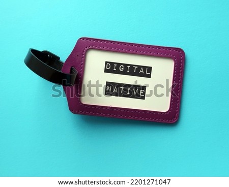 Purple ID card holder on blue background with text title DIGITAL NATIVE, person who has grown up in digital technology or information age, familiar to language of computers, vdo games and Internet