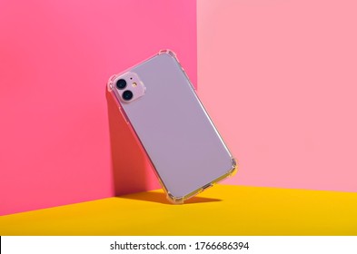 Purple IPhone 11 In Clear Phone Case, Bright And Colorful Phone Case Mock Up 