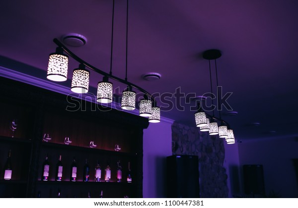 Purple Lamps Patterns Under Ceiling Interior Stock Image