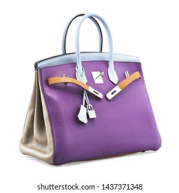 Purple Leather Women Bag Isolated On White Background. Front View Of Women's Top Handle Shopping Pack. Lady Shopper Tote Bag. Autumn And Winter Wild Messenger Female Shoulder Bag With Padlock