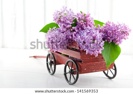 Purple lilac flower bouquet in a decorative wooden carriage on white vintage background