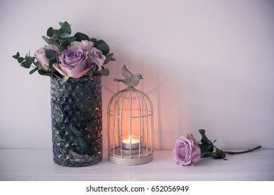 Purple, Mauve Color Fresh Summer Roses In Vase With White Wall B