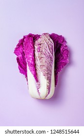 Purple Napa Cabbage On Pastel Color Background. Minimal  Concept. Plant Based Vegan Or Vegetarian Cooking. Clean Eating Food, Alkaline Diet