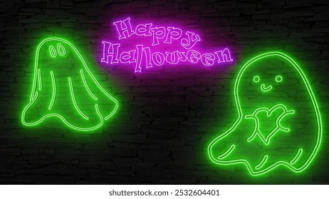 purple neon sign HAPPY HALLOWEEN next to green neon signs of ghosts, happy ghost with heart, fluorescent lights, dark brick wall background, landscape, glowing, business - Powered by Shutterstock