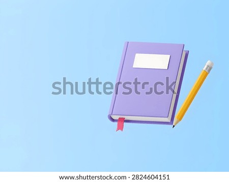 A purple notebook and a yellow pencil float against a serene blue background