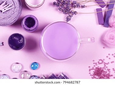 purple objects for creativity are on the table