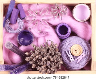 purple objects for creativity are on the table