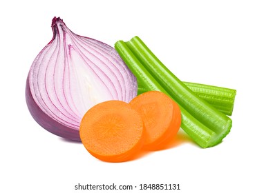 Purple Onion, Celery And Carrot Slices Isolated On White Background. Package Design Element With Clipping Path