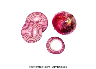 Purple Onion And Its Slices Isolated On White Background. Traditional Ingredient For Cooking Healthy Food, Mockup, Template, Top View