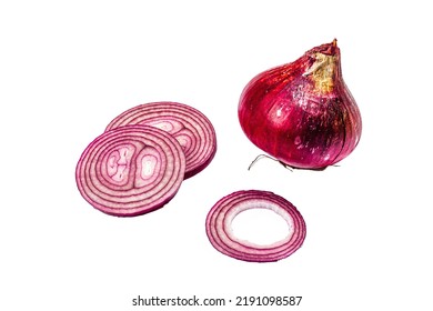 Purple Onion And Its Slices Isolated On White Background. Traditional Ingredient For Cooking Healthy Food, Mockup, Template, Place For Text