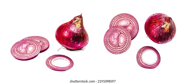 Purple Onion And Its Slices Isolated On White Background. Traditional Ingredient For Cooking Healthy Food, Mockup, Template, Banner Format