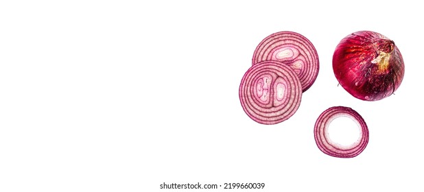 Purple Onion And Its Slices Isolated On White Background. Traditional Ingredient For Cooking Healthy Food, Mockup, Template, Banner Format