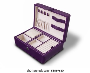 Purple Open Leather Jewelry Box On White Background