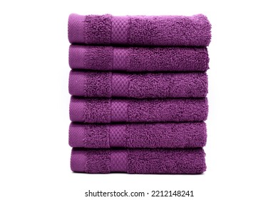 Purple Pack Of 6 Hand Towel Set Stack Isolated. Close-Up Shot Woven Terrycloth. Six Piece Ultra Absorbent Terry Hand Towel