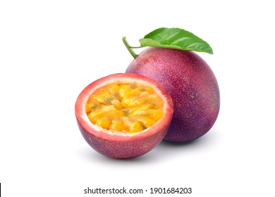 Purple passion fruit (Passiflora edulis) with cut in half and green leaf isolated on white background. Clipping path. - Shutterstock ID 1901684203