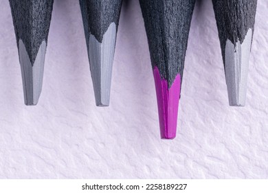 Purple pencil standing out from crowd of identical black pencils on white background. Leadership, uniqueness, strategy, different thinking, business success concept