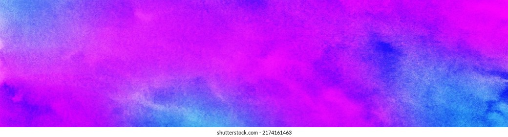Purple pink blue watercolor. Bright colorful background with space for design. Web banner. Wide. Panoramic. Website header. Fuchsia teal abstract modern art.