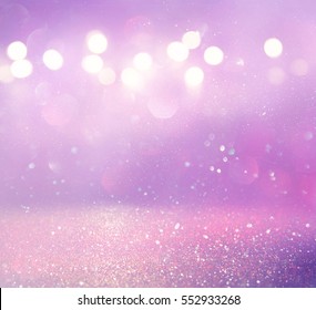 Purple And Pink Glitter Vintage Lights Background. Defocused