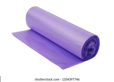 Purple Plastic Polyethylene Trash Bag Roll Isolated Over The White Background