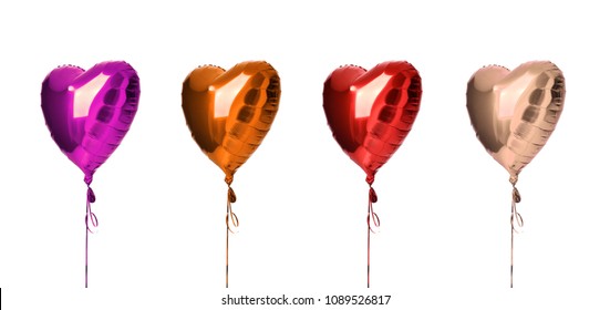 Purple Red Orange Heart Balloons Composition Objects For Birthday Party Isolated On A White Background