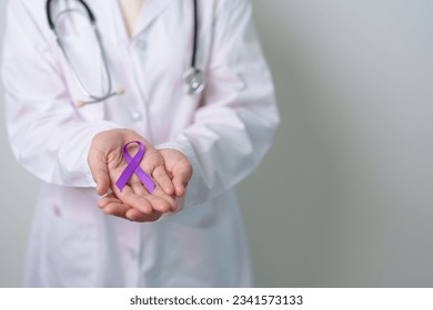 purple Ribbon for Violence, Pancreatic, Esophageal, Testicular cancer, Alzheimer, epilepsy, lupus, Sarcoidosis and Fibromyalgia. Awareness month and World cancer day concept - Powered by Shutterstock