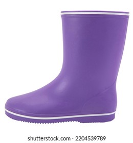 Purple rubber rain boots isolated on white backgroundPurple rubber boots for kids isolated on white backgroundWaterproof polymeric footwear. Children's shoes.Violet rain boots footwear fashion.