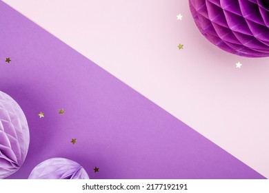 Purple Scandinavian Modern Paper Honeycomb Decoration On Purple Background.Concept Of Happiness, Joy, Birthday, Party, Advertisement, Copy Space 