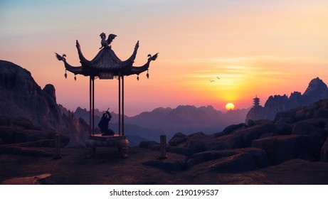 Purple sky landscape with sunset and a ninja inside an eastern Bandstand  (gazebo, pagoda) on the peak of the mountains - Shutterstock ID 2190199537