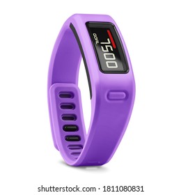 Purple Smart Tracker Watch Isolated on White Background. Sports Fitness Fitnessband with Heartrate Monitor Sensor. Modern Track Activity Accessories Wristband Watch. Wearable Technology Health
