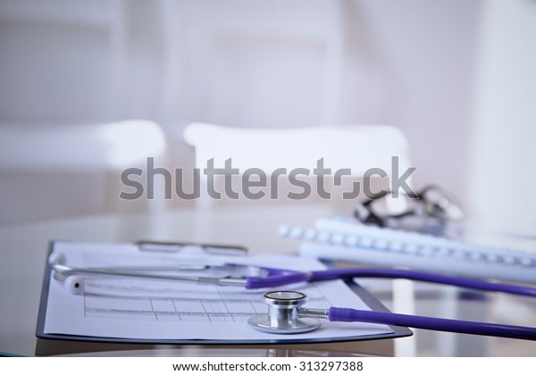 Purple Stethoscope On Glass Desk Stock Photo Edit Now 313297388