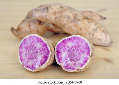 Purple Sweet Potato And Sample Cut Display At Market Place 