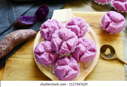 Purple Sweet Potato Steam Muffins On Wooden Broad.
Purple Sweet Potatoes Desert Menu.