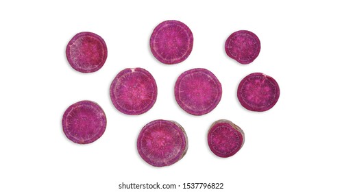 Purple Sweet Potatoes With Slices Isolated On White Background. Top View