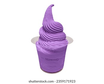Purple Ube Taro soft serve ice cream in a clear plastic bowl isolated on white background with clipping path. Ube (purple yam) frozen yogurt in a blank cup, no label for mockup template.