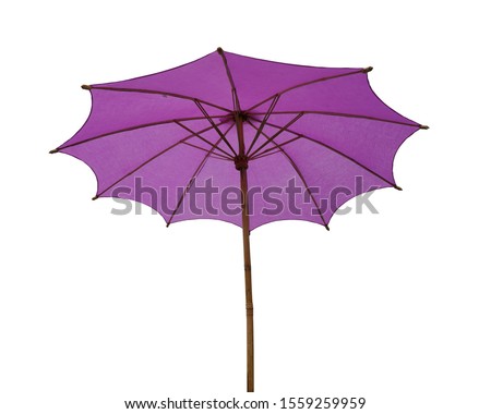 Purple Umbrella hand made from bamboo and paper natural material to protection UV sun ray for skin care. This was isolated with clipping path on white background.                              