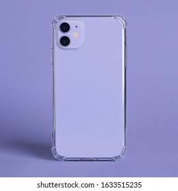 Purple Very Peri Smartphone In Clear Silicone Case Back View. IPhone 11 12 Case Mockup Isolated On Purple Background, Very Peri 2022 Color