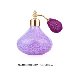 Purple vintage perfume bottle with atomizer  isolated on white background.