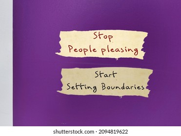 Purple wall background with text written STOP PEOPLE PLEASING - START SETTING BOUNDARIES, concept of people pleaser start to let go the need to be perfect, approval addiction and start to set boundary
