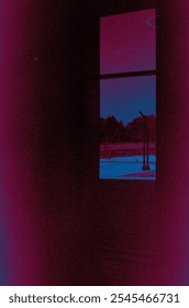 A purple wall with a window and a persons reflection