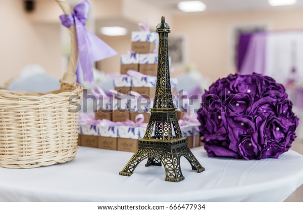 Purple Wedding Decorations Bunch Flowers Eiffel Stock Photo Edit