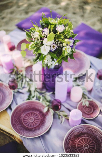 Purple Wedding Table Decoration Plates Glasses Stock Photo Edit