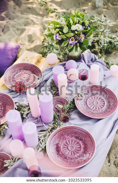 Purple Wedding Table Decoration Plates Glasses Stock Photo Edit